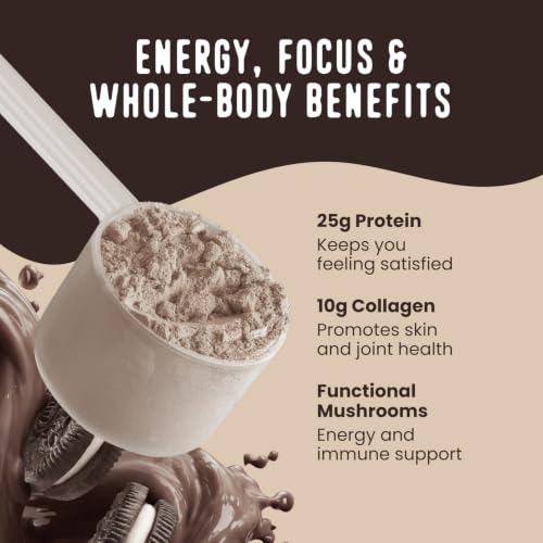 Image of FlavCity All in One Protein Shake Powder, Cookies and Cream - On the Go Meal Alternative + Collagen Peptides, Reishi & Cordyceps - Focus, Skin, Hair & Joint Support - 100% Grass Fed Whey, 20 Servings