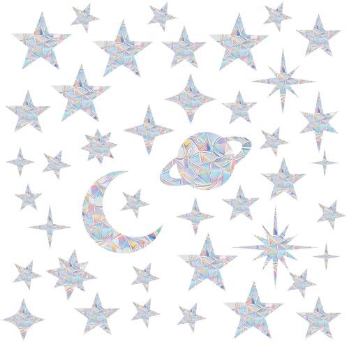 Prisma Lot de 41 autocollants de fenêtre anti-collision avec motif nuage et étoile - Film de fenêtre arc-en-ciel - Pour protection contre les oiseaux