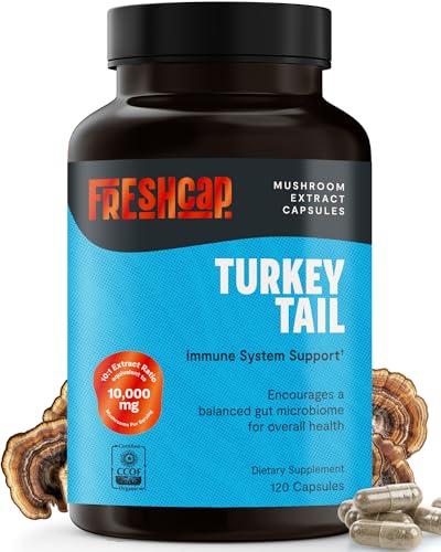 FreshCap Mushrooms Turkey Tail Mushroom Supplement 10,000mg Organic, Turkey Tail Extract for Immune Support Supplement, Mushroom Supplement Capsules, Ayurveda Immunity Supplement (120 Capsules)