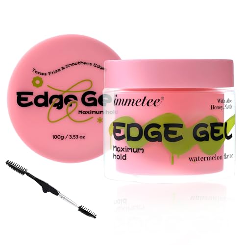 immetee Edge Control Gel with Brush Frizz Control Strong Hold Hair Styling Gel Add Shine Flyaway Hair Tamer for Afro Hair 100g/3.52 oz (New/Pink-Watermelon)