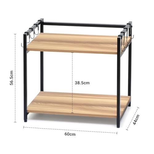 Image of REMANENCE Microwave Stand, Oven Stand for Kitchen Storage Shelf, 2 Tier Microwave Rack with Hanging Plastic Hooks - Tiered Shelf - Heavy Metal Frame with Engineered Wood