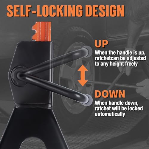 Image of TONDA Jack Stands 3 Ton, Extra Tall Heavy Duty, Black, 1 Pair | 13.39 inch-21.06 inch Adjustable Height, For SUV, MPV and UTV /ATV, Self-locking Ratcheting,