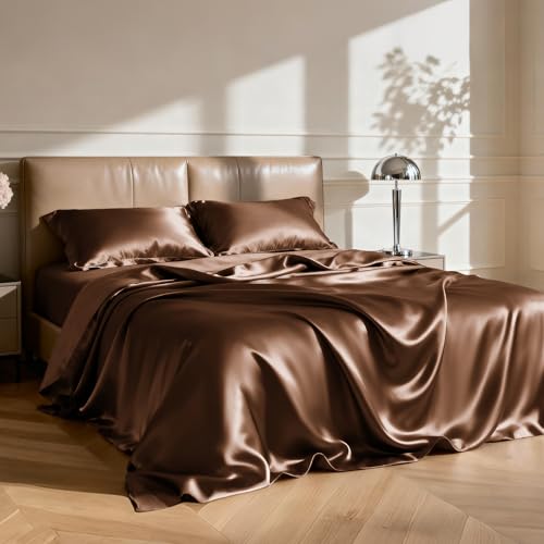 Image of Love's cabin Satin Queen Sheets Set - 4 Piece Brown Silky Bed Sheets with Deep Pocket, Luxury Silk Feel Satin Queen Size Sheet Set (1 Flat Sheet,1 Fitted Sheet,2 Pillow Cases)