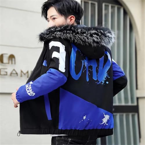 Herren-Winterjacke, großer cooler Pelzkragen, Parka, Outwear, dicker warmer Kapuzenmantel, Winterjacken und Mäntel, Blau mit Fell, M