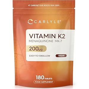Vitamin K2 MK7 200ug | 180 Vegan Tablets | High Strength Menaquinone-MK7 | Suitable for Vegetarians and Vegans | by Carlyle