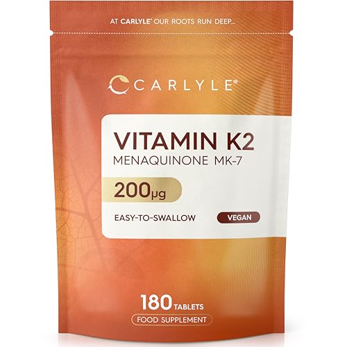 Vitamin K2 MK7 200ug | 180 Vegan Tablets | High Strength Menaquinone-MK7 | Suitable for Vegetarians and Vegans | by Carlyle