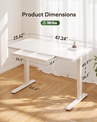 Image of Marsail Glass Standing Desk with Drawer, 47.24 inch Electric Standing Desk, Height Adjustable Desk with One-Piece Tabletop & USB Charging Ports, Sit Stand Desk with Storage for Home & Office White