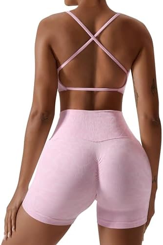 SUUKSESS Women 2 Piece Workout Sets with Pockets Seamless Strappy...