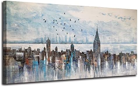 Arjun Cityscape Wall Art New York City Skyline Buildings Picture Modern Abstract Grey Skyline Birds Painting Framed Artwork for Bedroom Living Room Bathroom Home Office Decor, Large Size 40"x20"