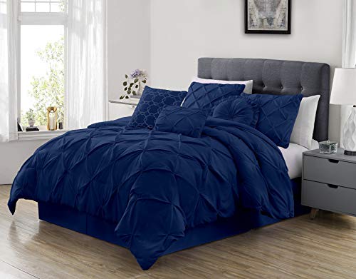 Chezmoi Collection Sydney 7-Piece Pinch Pleat Pintuck Bedding Comforter Set (California King, Navy)