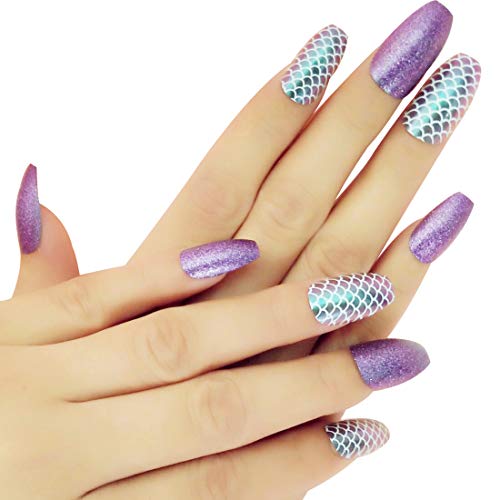 Ballerina Fake Nail Tips Designed with Purple Glitter & Mermaid Fish-scale Coffin Nails for Women Nail Art