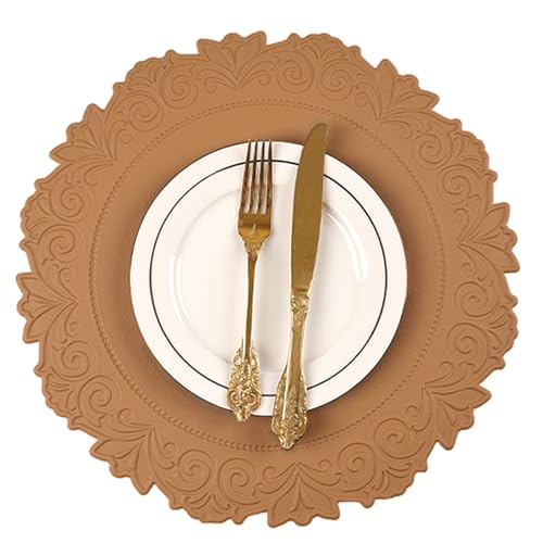 Round Faux Leather Placemats Set of 6, Dining Table Mats, Umber Brown