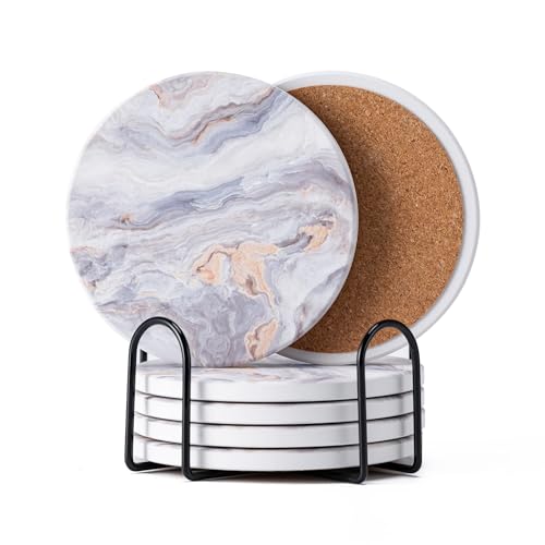 Hoewina 6Pcs Drink Coasters with Holder, Marble Style Ceramic Drink Coaster, Absorbent Coasters Set Suitable for Kinds of Cups, Modern Style Coasters for Coffee Table, 4 Inches（Style 8）