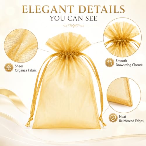 Image of Hopttreely Gold Organza Bags 4x6 Inch, Premium Mesh Drawstring Gift Bags for Party Favors, Jewelry Packaging, Wedding Candy, Christmas, Small Business Supplies, 50 Pcs