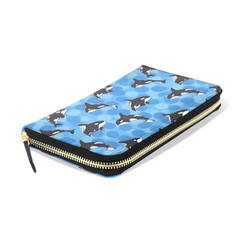 Long Wallets Leather Bifold Wallet for Women Orca Whale Blue with Zipper Credit Card Holder Large Capacity3