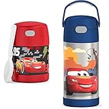 THERMOS FUNTAINER 10 Ounce Stainless Steel Vacuum Insulated Kids Food Jar with Spoon, Cars & FUNTAINER 12 Ounce Stainless Steel Vacuum Insulated Kids Straw Bottle, Cars