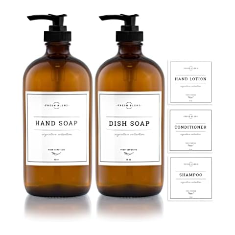 Vine Creations Amber Glass Soap Dispenser, 2 Pack Kitchen Soap Dispenser Set with Rustproof Pump, 16 oz Hand Soap Dispenser Bathroom, Dish Soap Dispenser for Kitchen with Waterproof Labels. Cover