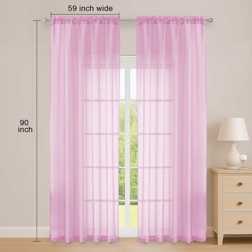 Image of OWENIE Pink Sheer Curtain 90 Inches Long 2 Panels Set, Solid Filmy Drapes for Living Room Bedroom, Elegant Window Voile Sheer Curtain Panels Drapes, 2 Pcs, Each 59 inch Wx90 L Inch