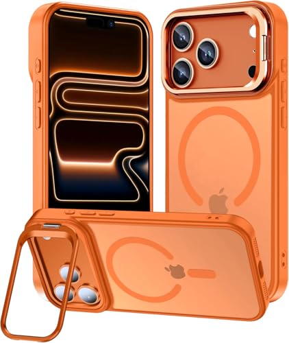 Image of Elzzi Translucent Matte Kickstand Case for iPhone 17 Pro Max, Built-in Adjustable Camera Stand, Translucent Matte Magnetic Mag-Safe Shockproof Phone Cover (Orange)