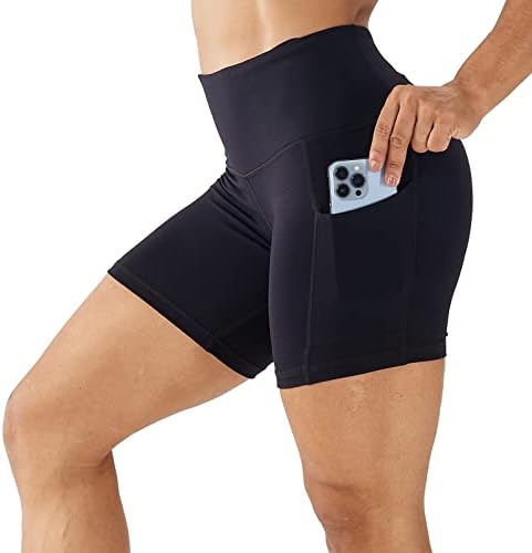 LOVESOFT Women's 5" High Waist Biker Shorts Workout Yoga Running Gym Compression Spandex Volletball Shorts with Side Pockets Black
