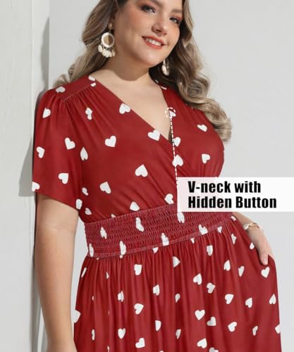 Image of CARCOS Plus Size Dresses for Curvy Women V Neck Summer Maxi Dress Short Sleeve Floral Boho Dress Smocked Waist Beach Dress