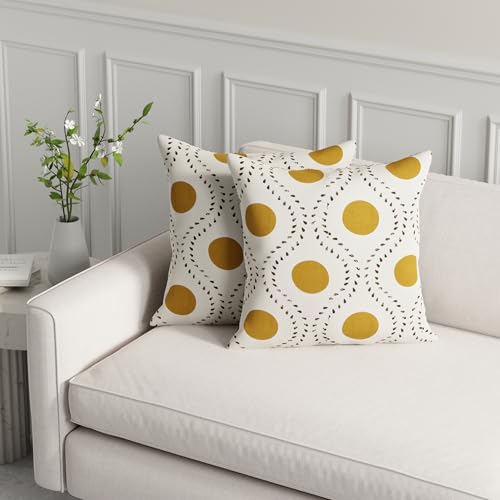 Image of HUESLAND Premium Cotton Cushion Cover 16 inch x 16 inch | Decorative Square Throw Pillow Covers Set for Sofa, Living Room & Bedroom | Set of 2 | Natural, Golden Ochre & Bistre