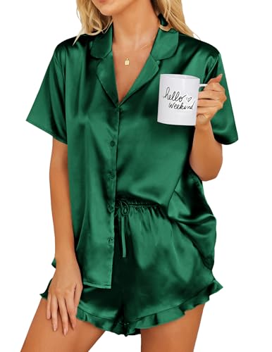 Image of Ekouaer Womens Satin Pajamas Set Button Down 2 Piece Silk Pjs Shorts Set Ruffle Lingerie Notch Collar Sleepwear