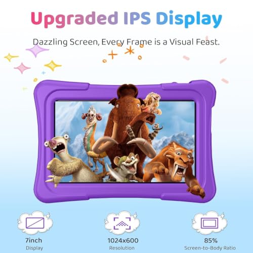 Image of Kids Tablet, 7 Inch Android 15 Tablet for Kids, 8GB+32GB 1TB Expanding, Quad Core Toddler Tablets with Shockproof Case, BT5.0, WiFi 5, Parental Controls, Games, Dual Camera (Purple)
