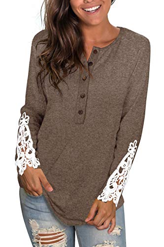 Brown Tunic Tops for Women Long Sleeve Solid Color Casual T-Shirts L