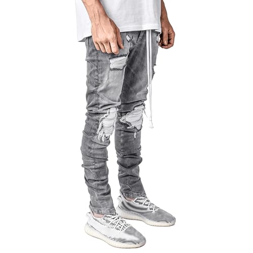 Mens Slim Fit Stretch Jeans Ripped Punk Skinny Jeans Fashion Tapered Leg Moto Biker Denim Pants2
