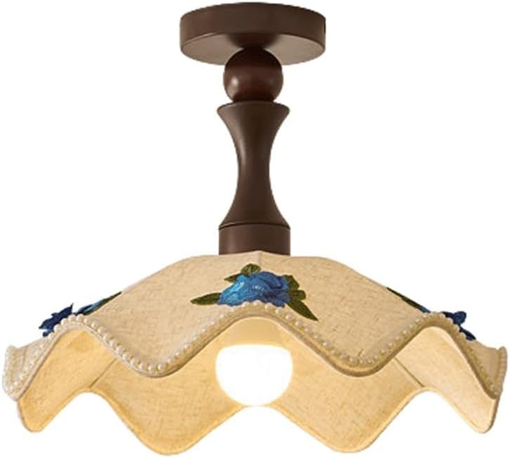 French Vintage Semi Flush Mount Ceiling Light, E27 3-Color Dimming Bell Fabric Ceiling Lamp, with Solid Wood Stem and Iron Base Lighting Fixtures, for Bedroom, Hallway, Hotel, Entryway