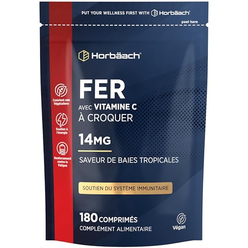 Fer Complément Alimentaire 14mg et Vitamine C 80mg | 180 Comprimés Végan à Croquer | Haute Absorption Fer et Vitamine C | Haute Dosement | Iron Vitamin C Supplement | par Horbaach