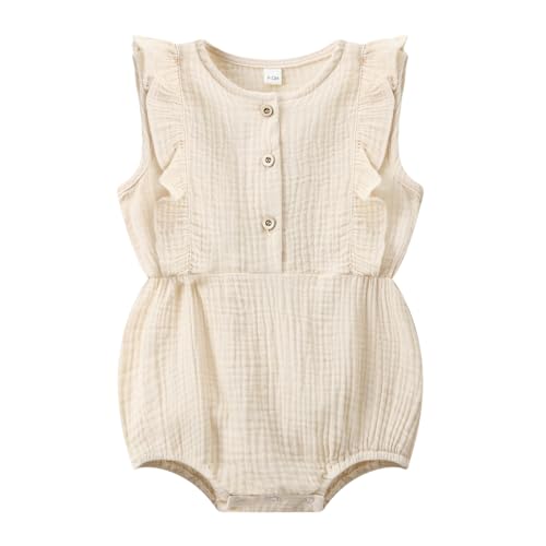 Image of WATOCHE Baby Girl Cotton Linen Romper Ruffle Sleeveless Bodysuit Newborn Girls Summer Clothes Infant One-Piece Jumpsuit(Beige,3-6M)