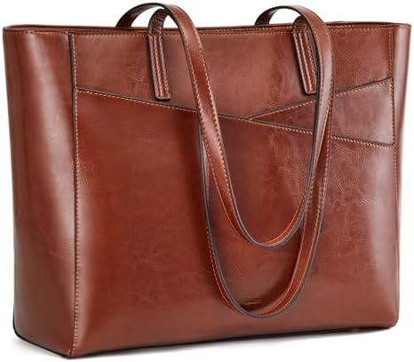 Kattee Work Tote Bags for Women Large Leather Tote Bag with Laptop Compartment Handbags Travel, Dark Brown