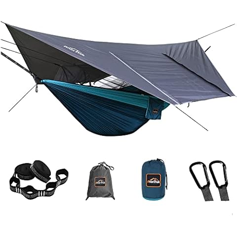AnorTrek Camping Hammock with Mosquito Net and Rain Fly Tarp, Portable Double Hammock with Two Tree Straps, 210T Nylon Hammock and Waterproof Rain Fly Set for Hiking, Backpacking (Blue) Cover