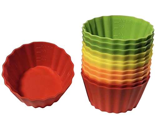 12 Pack Measured Baking Cups Jumbo Silicone Muffin Cup Reusable Non-Stick Liners Easy To Read Measurements Four Colors Flexible Durable Microwave & Dishwasher Safe By Baking Made Easy #TOP3