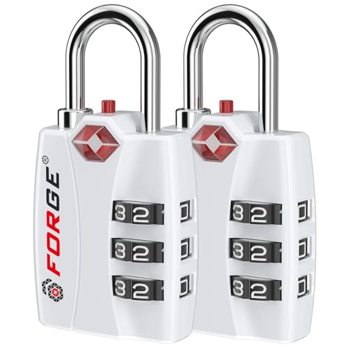 Image of Forge Open Alert TSA Approved Luggage Locks - 3 Digit Combination, Easy Read Dials, Zinc Alloy Body - Ideal Travel Lock for Luggage, Suitcases, Bags & Toolboxes. White 2 Locks.