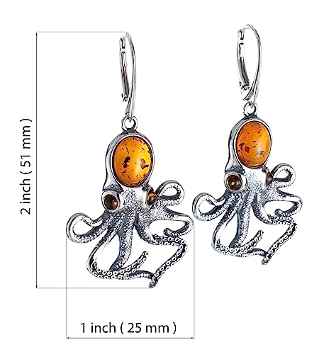 Amber Earrings - Baltic Honey Amber French Leverback Octopus Earrings - Sterling Silver Jewelry Collection2