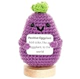 Mini Funny Positive Eggplant Emotional Crochet Doll Support Cute Plush Knitted Eggplant Toy with Positive Card Holiday Christmas Birthday Gifts for Him Her Teacher Appreciation Gift Office Decor