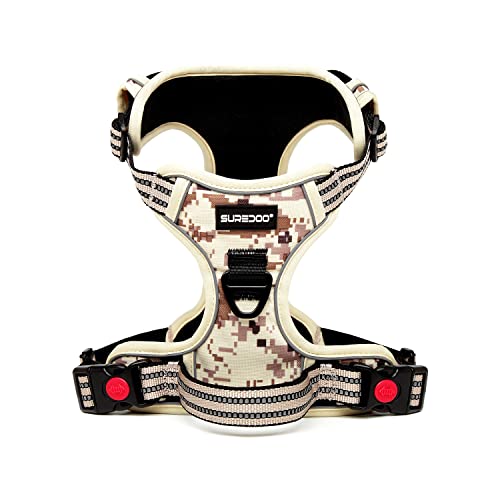 Suredoo Harnais Chien Réglable, Harnais pour Chiens Anti Traction Réfléchissant, Gilet Chien avec Poignée Contrôle, Respirante Durable, Harnais Poitrine de Sport Grand Moyen (M, Camo Beige) Cover