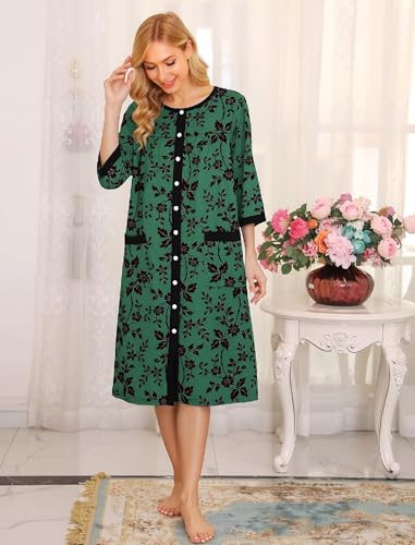 Image of Bloggerlove House Dress Women Cotton Snap Front Nightgown 3 /4 Sleeve Housecoat Duster Robe with Pockets Moomoo Patio Dress