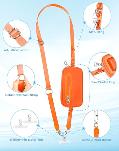 SHANSHUI Clip and Go Phone Lanyard Wallet, Hands Free Crossbody Strap with Zipper Pocket & ID Window, Includes 2 Metal Tether Pads for Phones, Keys, Earphones, Accessories Orange — view 3