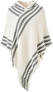 Ferand Women's Hooded Zigzag Striped Knit Cape Poncho Sweater with Fringes, One size