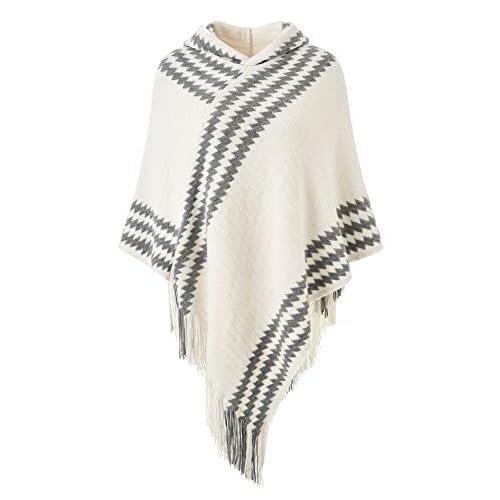 Ferand Women's Cozy Zigzag Poncho Sweater Lightweight Fringe Cape Cloak with Hood Beige
