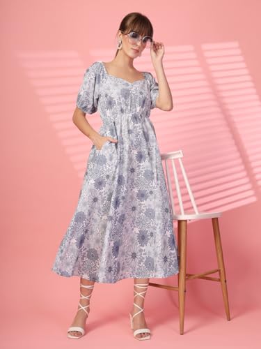 Image of OOMPH! Below Knee Shift Pink Dress in Crepe Fabric with Round Neck and Puff Sleeves - md619l
