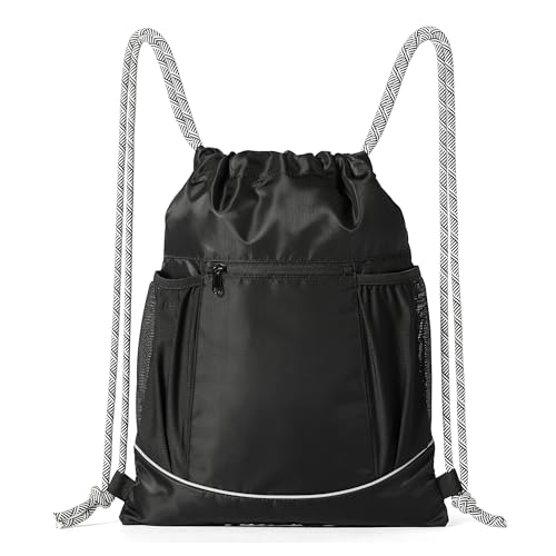 Amazon Basics Sac de Sport à Cordon avec Poches pour Bouteilles, Sac à Dos Durable pour Gym, École et Voyage, Noir