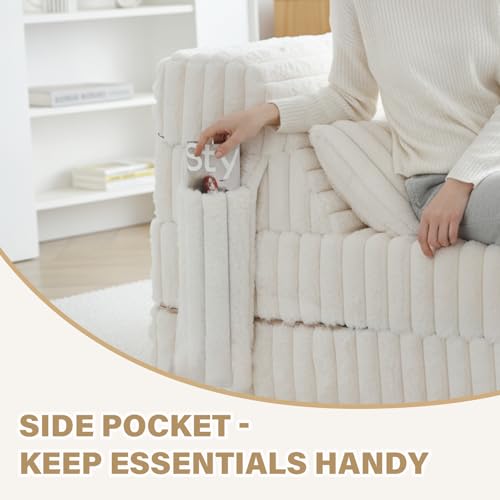 Image of Tiita Folding Sofa Bed Convertible Sleeper Chair Mattress with Pillow & Side Pocket, Thick Corduroy Floor Mattress Couch Bed, Single Size, Beige