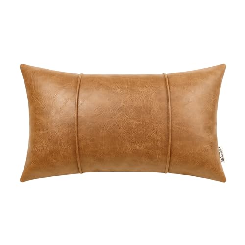 BRAWARM Tan Leather Throw Pillow Covers 12 X 20 Inches - Faux Leather Lumbar Pillow Cover with Piping, Hand Stitched Faux Leather Throw Pillow for...