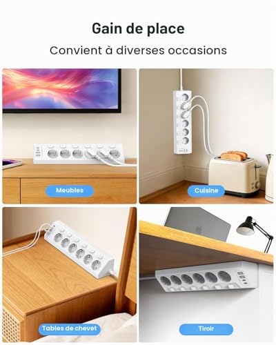 Vipwell Prise Plan de Travail Cuisine, Multiprises avec 2 Ports USB A et 2 Ports USB C, Multiprise 6 Prises avec Interrupteur, Rallonge Électrique 2m pour Meuble, Canapé, Bureau, Table – vue 6