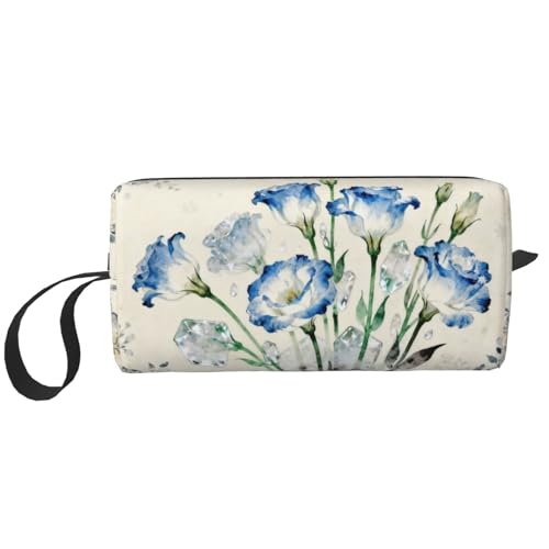 OLUSENMO Blue Flower Crystals Makeup Bag Organizer Compact & Durable Floral Travel Cosmetic Bag Oxford Fabric Impact-Resistant Multi-Purpose Storage Perfect for Travel, Gym, Daily Use